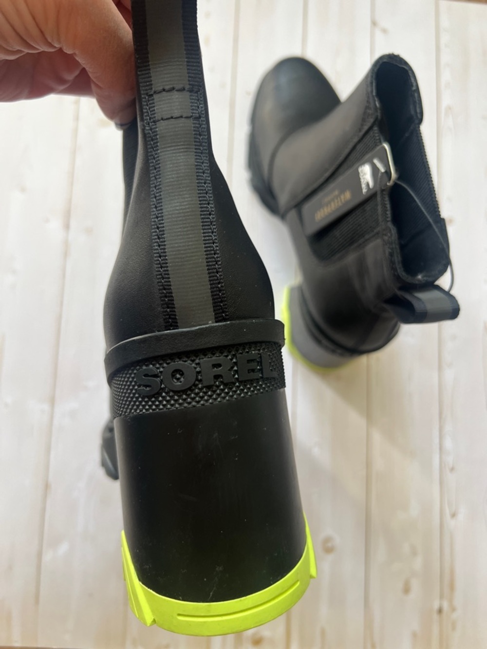 Sorel Black Chelsea Rain Boot with Neon Yellow Heel